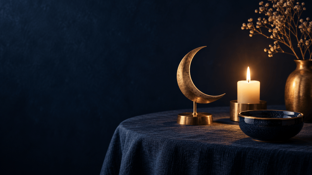 Bougie et objets en laiton sur un fond bleu nuit.