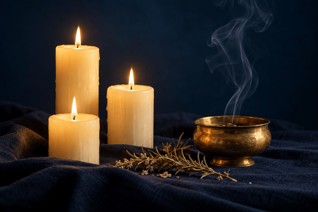 Bougies, encens et romarin : illustration d’une démarche symbolique.