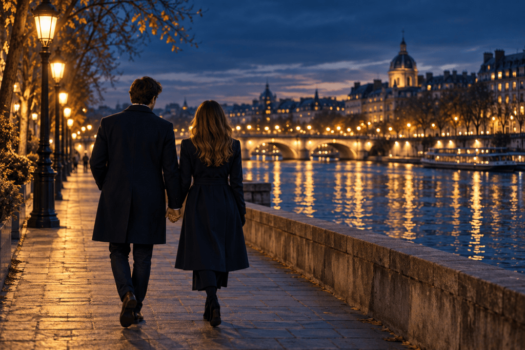 Scène fictive : un couple vu de dos marche au bord de l’eau.