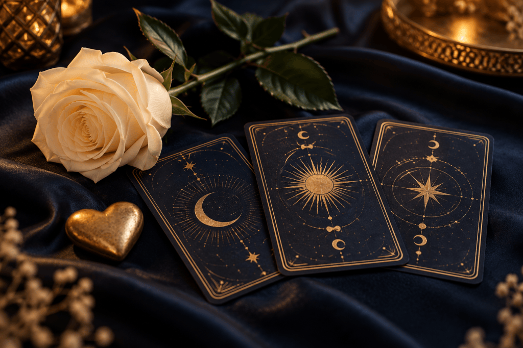 Rose ivoire, cartes symboliques et cœur décoratif doré.