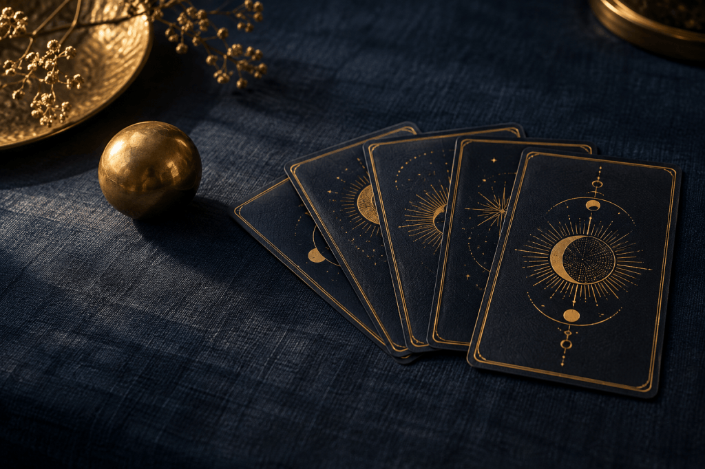 Cartes bleu nuit ornées de motifs célestes dorés.